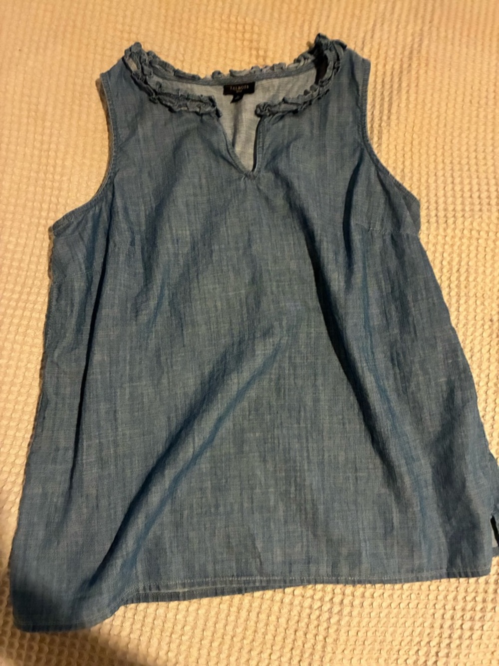 Talbots Blue Cotton Sleeveless Ruffle Neck Top, PS
